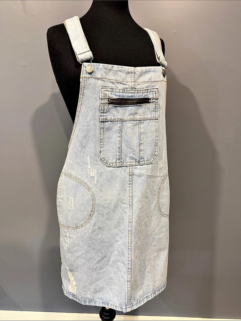 Denim Overall Mini Dress in Blue Like New